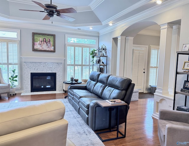 3205 Germantown Pl, Decatur, AL 35603 - living area with decorative columns, healthy amount of natural light, arched walkways, a ceiling fan, and crown molding