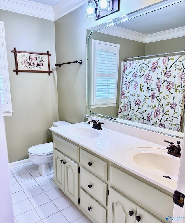3205 Germantown Pl, Decatur, AL 35603 - bathroom with double vanity, toilet, ornamental molding, tile patterned flooring, and curtained shower