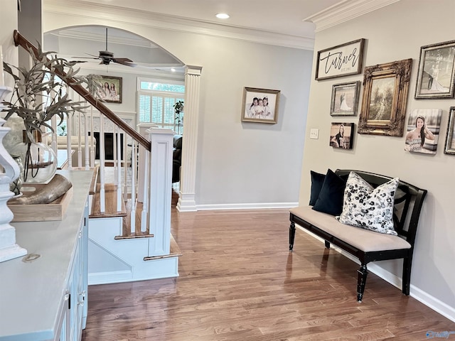 3205 Germantown Pl, Decatur, AL 35603 - corridor with wood finished floors, stairway, baseboards, ornamental molding, and recessed lighting