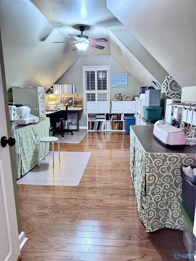 3205 Germantown Pl, Decatur, AL 35603 - office area featuring wood finished floors, a ceiling fan, and vaulted ceiling