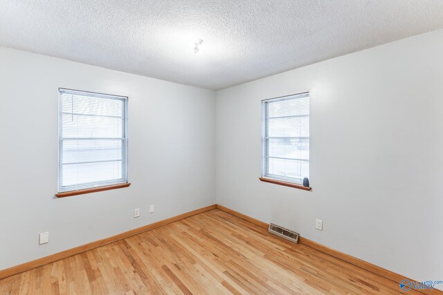 spare room with light wood-type flooring, a textured ceiling, and a wealth of natural light