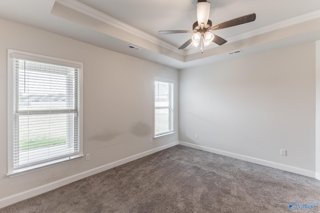 carpeted spare room featuring crown molding, a tray ceiling, and ceiling fan