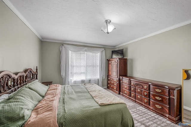 carpeted bedroom with a textured ceiling and ornamental molding