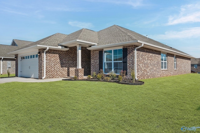 view of front of house featuring a front lawn, brick siding, an attached garage, and roof with shingles