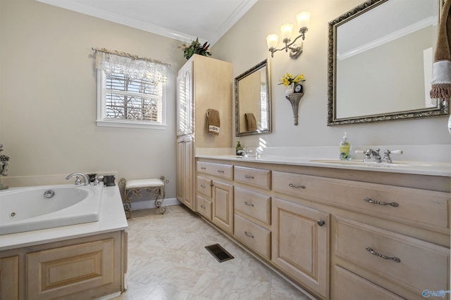 bathroom with vanity, a bathtub, and ornamental molding