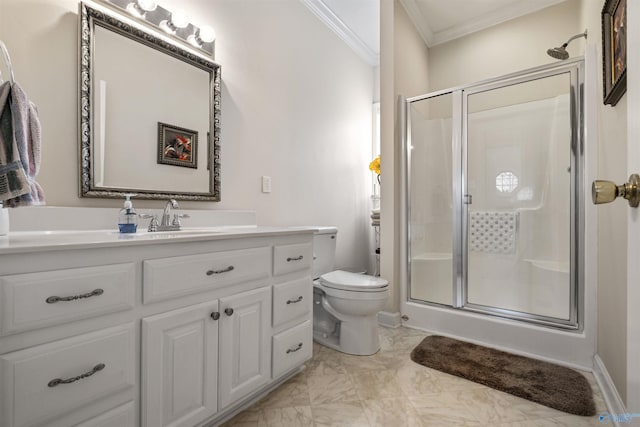 bathroom with crown molding, vanity, toilet, and walk in shower