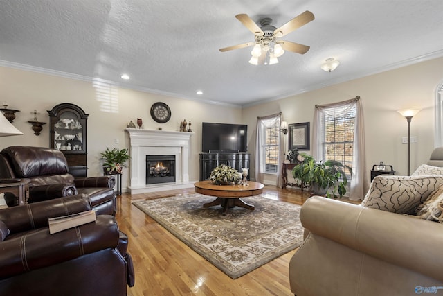 living room with ornamental molding, ceiling fan, a textured ceiling, and light hardwood / wood-style floors