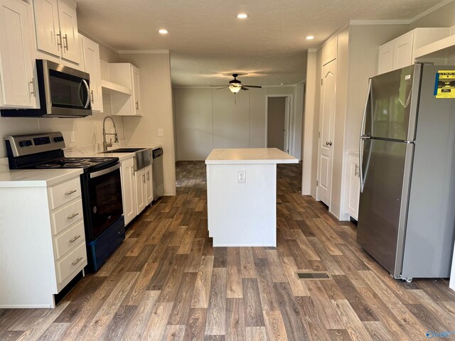 1101 Mcdonald St, Fayetteville, TN 37334 - kitchen with appliances with stainless steel finishes, a ceiling fan, white cabinets, a kitchen island, and dark wood-style floors