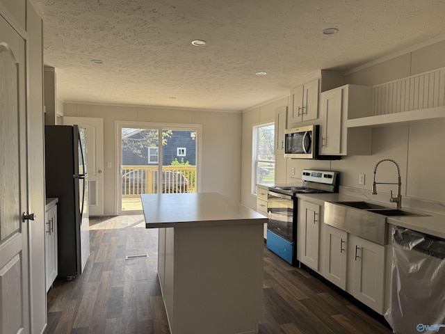 kitchen featuring stainless steel appliances, dark wood-type flooring, a center island, and a sink