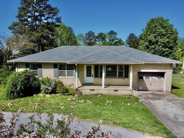 single story home featuring concrete driveway, a front lawn, a porch, brick siding, and a garage
