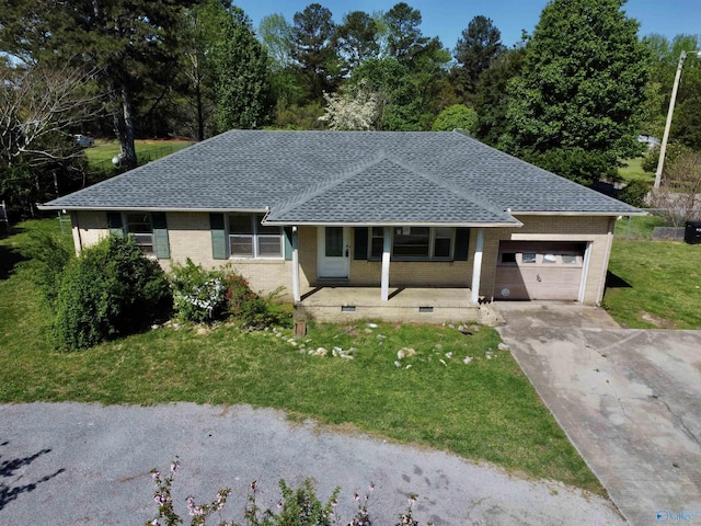 ranch-style house with a front yard, brick siding, an attached garage, a shingled roof, and driveway