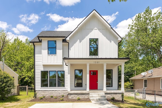 1201 Halsey Ave, Huntsville, AL 35801 - modern farmhouse with board and batten siding, a porch, fence, and roof with shingles