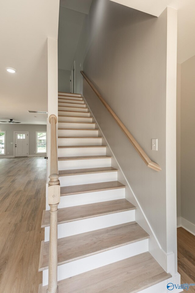 1201 Halsey Ave, Huntsville, AL 35801 - staircase with ceiling fan, wood finished floors, baseboards, and recessed lighting