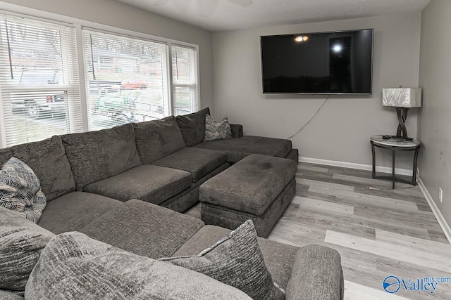 living room featuring a textured ceiling and light wood-type flooring