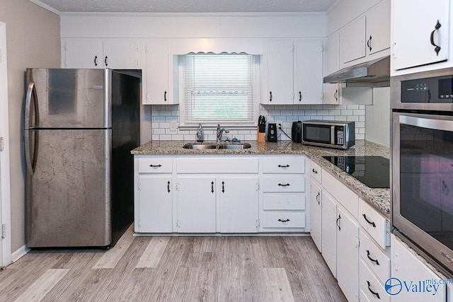 kitchen with white cabinetry, appliances with stainless steel finishes, light hardwood / wood-style floors, and sink