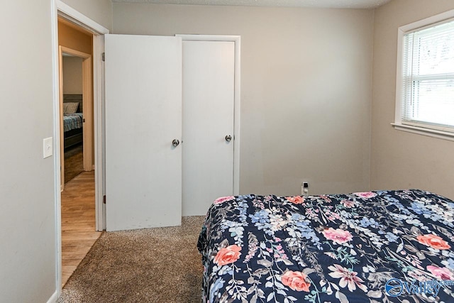 bedroom with light carpet