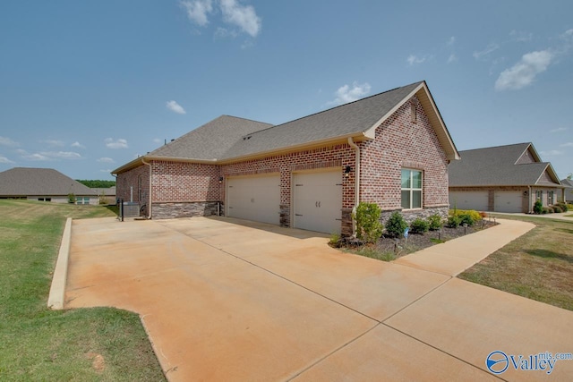 view of property exterior with driveway, an attached garage, brick siding, and stone siding