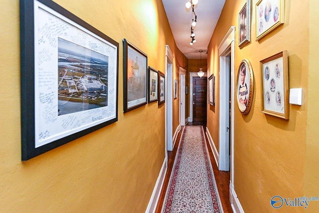 hall with baseboards, wood finished floors, and rail lighting