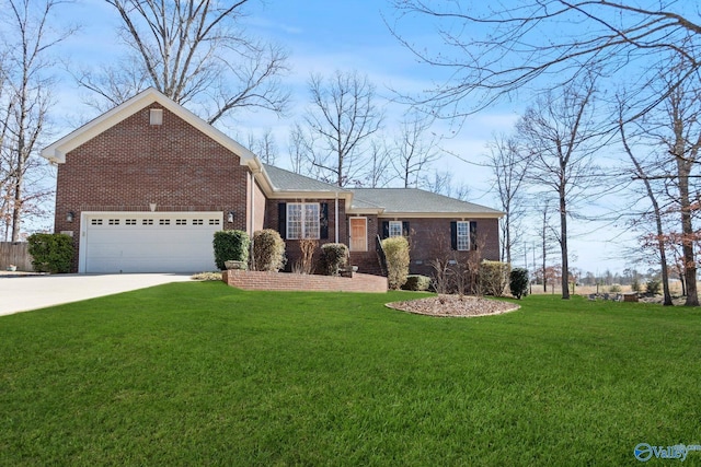 view of front of property with driveway, an attached garage, a front lawn, and brick siding