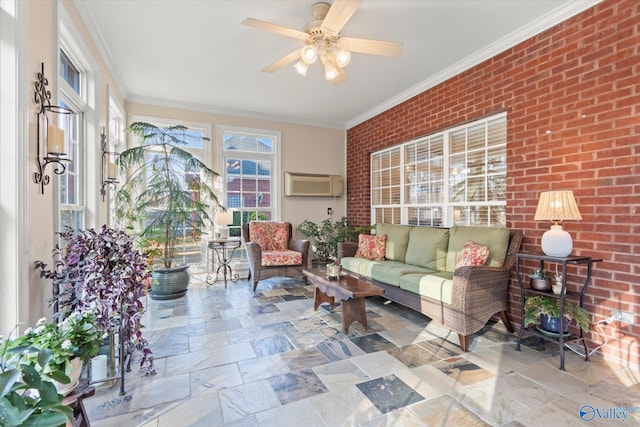 sunroom with ceiling fan and a wall mounted AC