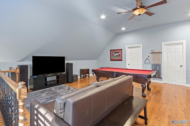 recreation room featuring a ceiling fan, lofted ceiling, light wood-style flooring, pool table, and recessed lighting