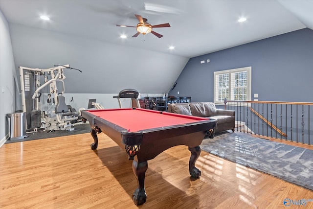 recreation room with vaulted ceiling, light wood finished floors, billiards, and recessed lighting