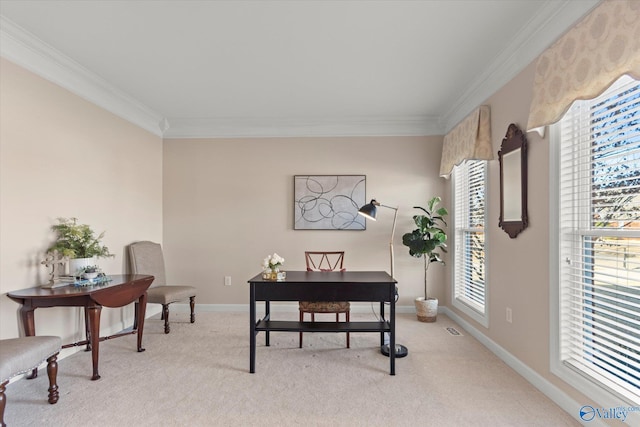 office space featuring baseboards, crown molding, and light colored carpet