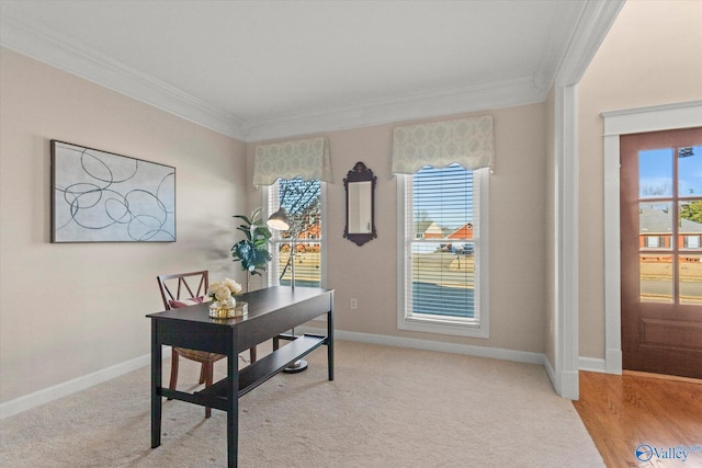 office space featuring a healthy amount of sunlight, light colored carpet, and crown molding