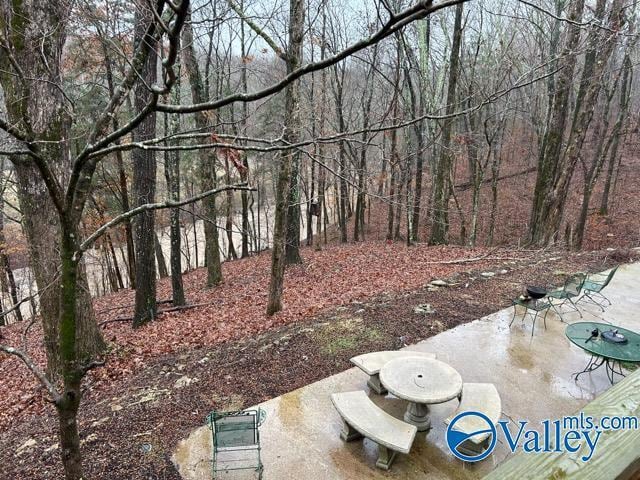 view of yard with a patio and a forest view