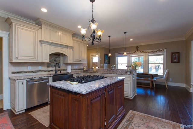 kitchen with kitchen peninsula, dark hardwood / wood-style floors, pendant lighting, and appliances with stainless steel finishes