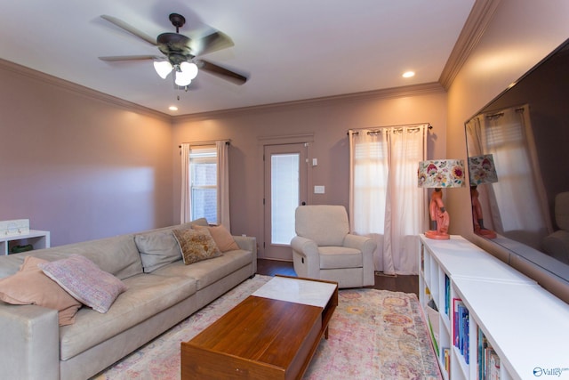 living room with ornamental molding, light hardwood / wood-style flooring, and ceiling fan