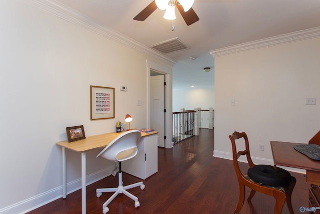 office area featuring dark wood-type flooring, ceiling fan, and crown molding