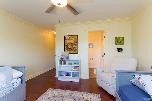 bedroom with ceiling fan, dark hardwood / wood-style floors, and ornamental molding