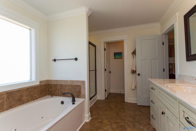 bathroom featuring ornamental molding, vanity, and independent shower and bath