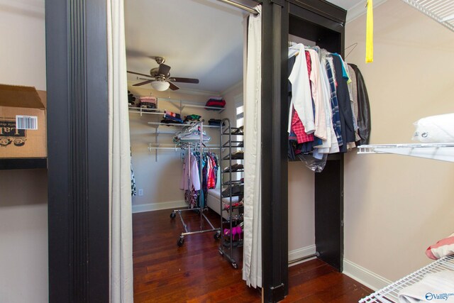 spacious closet with dark wood-type flooring and ceiling fan