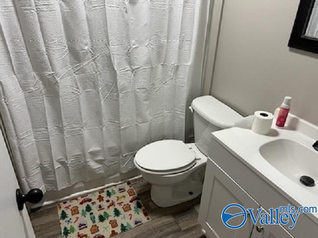 bathroom with hardwood / wood-style floors, vanity, and toilet