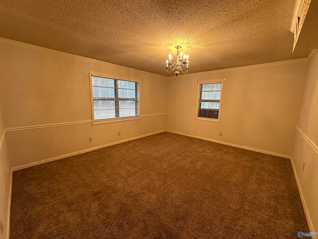 unfurnished room with dark colored carpet, a textured ceiling, and an inviting chandelier