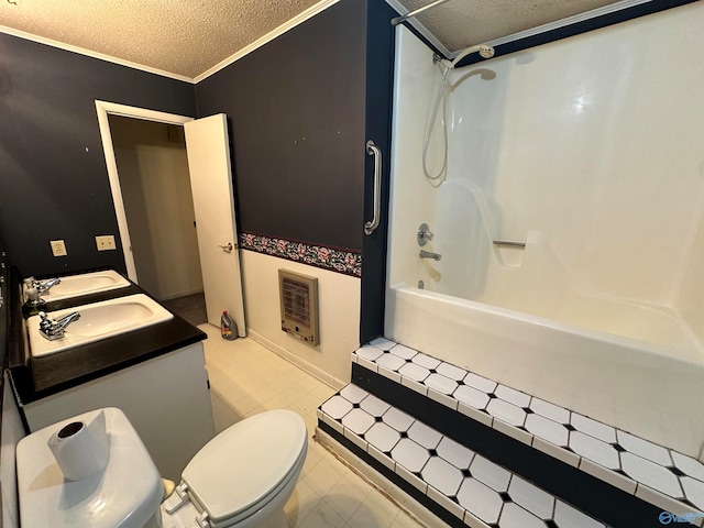 full bathroom featuring vanity,  shower combination, ornamental molding, a textured ceiling, and heating unit