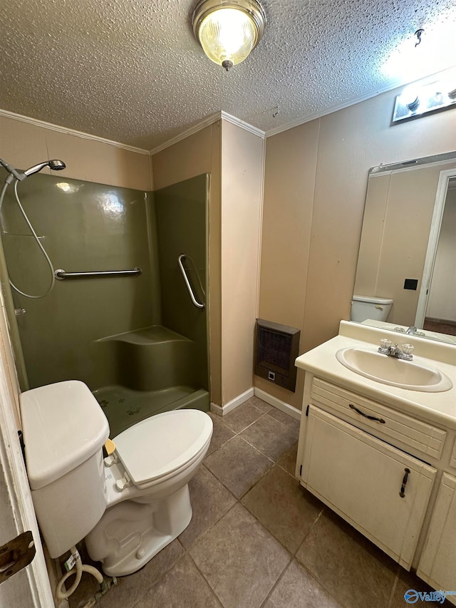 bathroom featuring vanity, a shower, tile patterned floors, crown molding, and a textured ceiling
