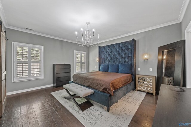 2654 Mountain Stream Way, Owens Cross Roads, AL 35763 - bedroom with a chandelier, multiple windows, dark wood-style floors, ornamental molding, and a barn door