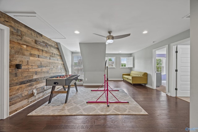 2654 Mountain Stream Way, Owens Cross Roads, AL 35763 - playroom with hardwood / wood-style flooring, recessed lighting, wooden walls, a ceiling fan, and attic access