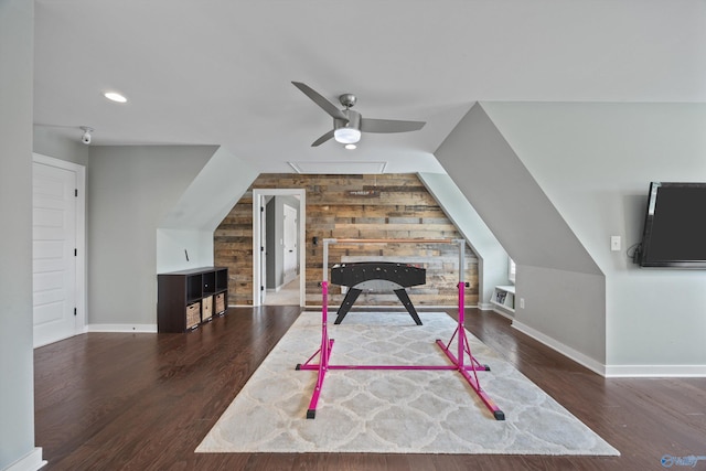 2654 Mountain Stream Way, Owens Cross Roads, AL 35763 - playroom featuring a ceiling fan, wood finished floors, wood walls, and recessed lighting