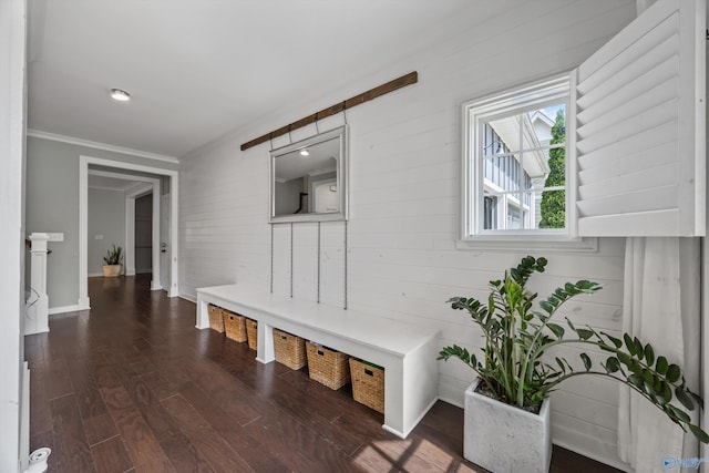 2654 Mountain Stream Way, Owens Cross Roads, AL 35763 - mudroom with dark wood finished floors, crown molding, and wood walls