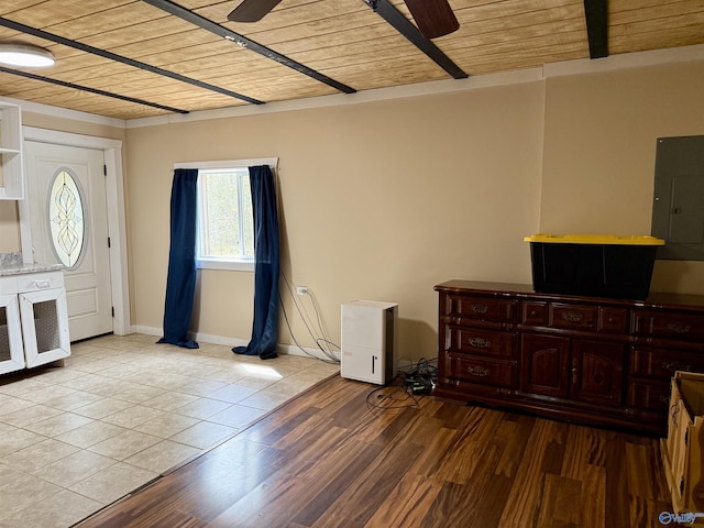 entrance foyer with a ceiling fan, baseboards, wood ceiling, and electric panel