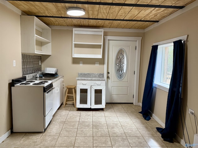 kitchen with wood ceiling, white range with electric cooktop, open shelves, a sink, and light countertops