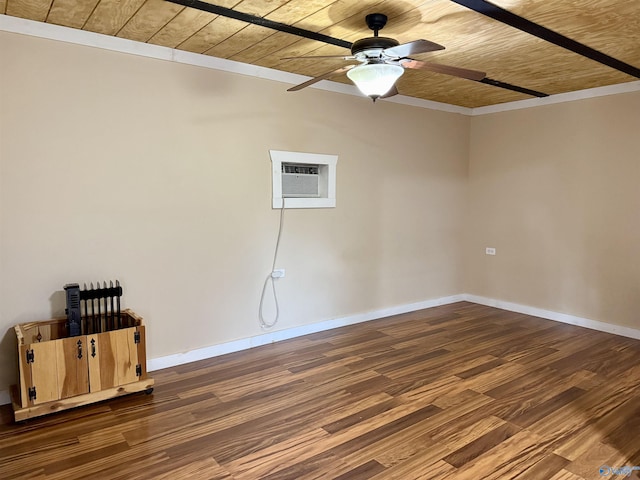 unfurnished room featuring ornamental molding, wood finished floors, baseboards, ceiling fan, and wooden ceiling