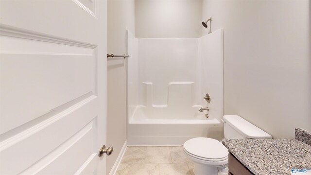 full bathroom with vanity,  shower combination, and toilet