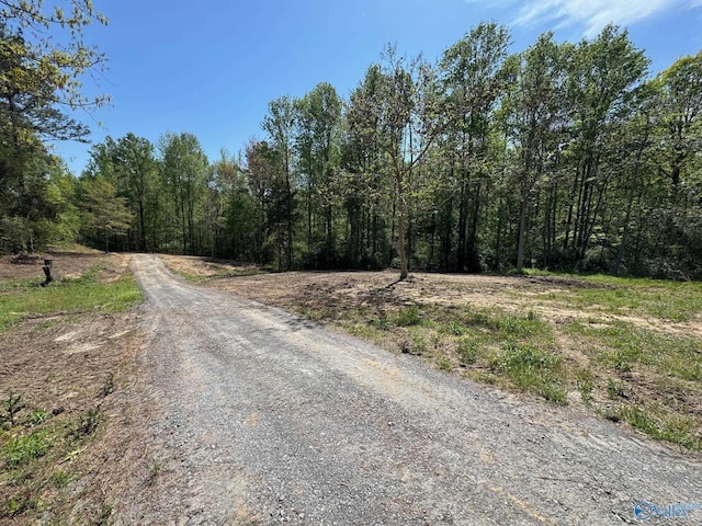view of road featuring a wooded view
