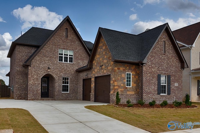 view of front of house featuring a garage and a front lawn