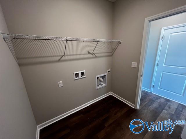 laundry area with electric dryer hookup, dark wood-type flooring, and hookup for a washing machine